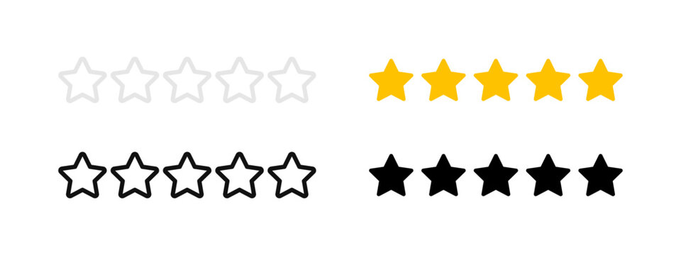 5 stars review template. Five stars ranking sample illustration. Feedback symbol with transparent stars in four styles. Quality rate sign with transparent, outline, black and gold 5 star icon set