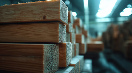 Close-up of perfectly aligned pine wood planks stacked in a factory, the smooth texture and sharp edges reflecting precision and technological advancement in timber processing.