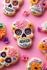 sugar skull cookies decorated with flowers, on a pink background, colorful