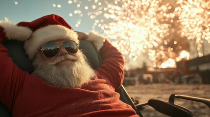 Santa leaning against his sleigh, sunglasses on, as fireworks explode in the background, in a dramatic, cinematic style