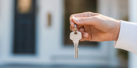close up of hands holding new house key, symbolizing excitement of homeownership and new beginnings. blurred background adds focus to key, enhancing emotional connection