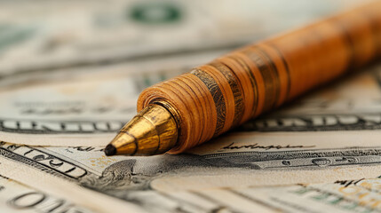 A close-up of a gold-tipped, wooden pen resting on a spread of US hundred-dollar bills, emphasizing wealth and luxury.