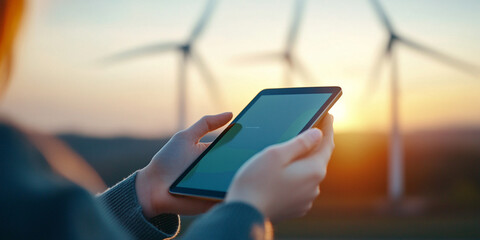 person holds tablet displaying green energy interface against backdrop of wind turbines at sunset, symbolizing sustainability and innovation