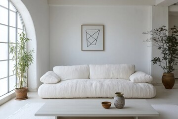 Fototapeta premium A modern japandi interior in the living room with minimalist, fluffy white boucle sofas and tables. Generative AI 