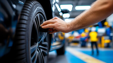 A detailed shot of an auto mechanicâs hand carefully placing a new tire on a car, with the bustling activity of a professional repair garage blurred in the background.