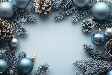 Blue background with bunch of Christmas decorations including ball and cones. Happy New Year with copy space