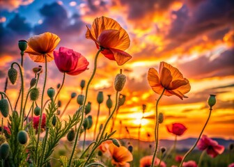 Obraz premium Stunning Silhouette of Poppy Leaves Against a Sunset Sky