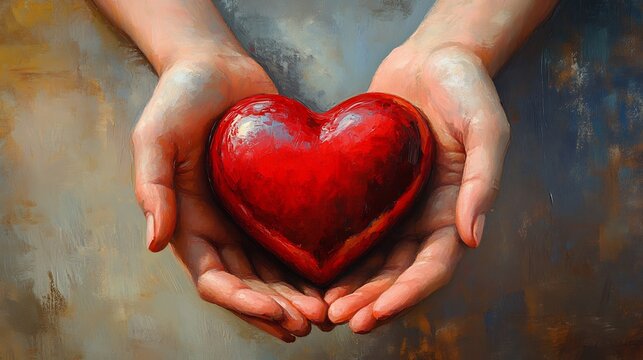 Closeup of hands gently holding vibrant red heart symbolizing love compassion and empathy The heart radiates warmth conveying a sense of humanity and care on a soft pastel background
