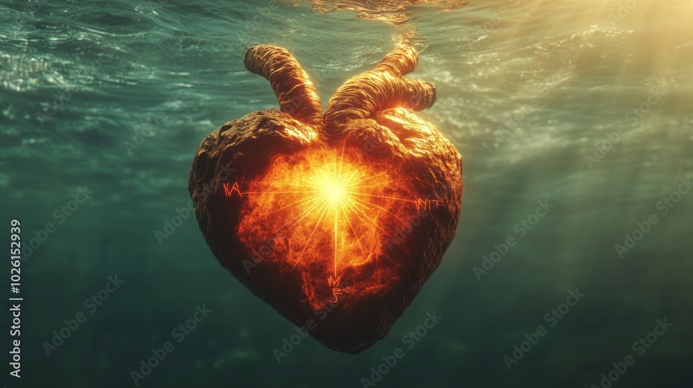 Poster a heart made of lava is floating in the ocean