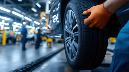 A mechanicâs hand gripping a car tire while checking for damage, with the background of a bustling car service shop emphasizing the fast-paced, professional environment.