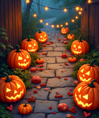 Obraz premium A vibrant Halloween celebration is brought to life in this top down illustration featuring jack o' lanterns, treats._00002_