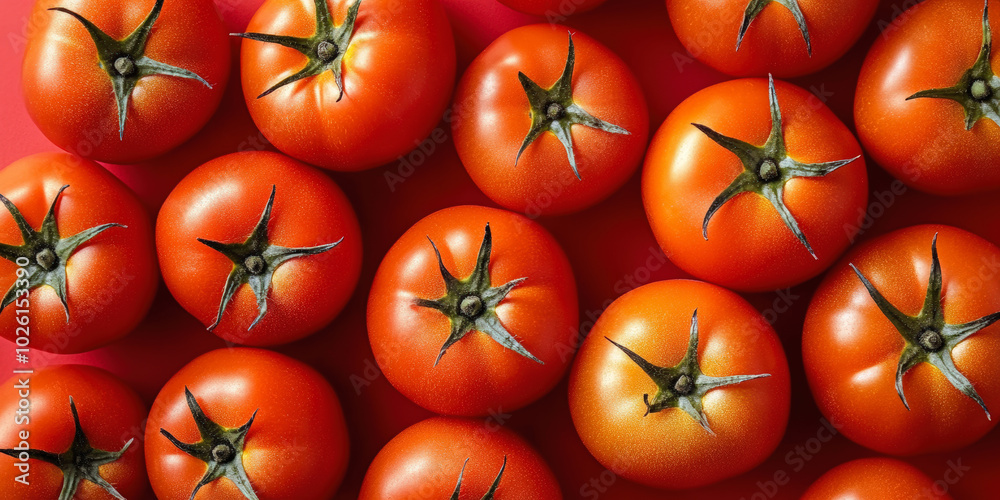 Wall mural a vibrant display of ripe red tomatoes with green stems, arranged neatly on a reddish background, hi