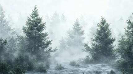 Elegant white backdrop with a serene, misty evergreen forest, capturing the calm and ethereal beauty of the landscape shrouded in fog