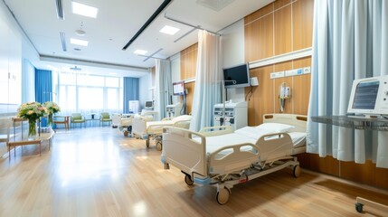 Modern medical treatment room with clean hospital beds, divider curtains and advanced technology equipment. A sterile and neat atmosphere reflects the efficiency of health services.
