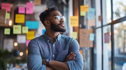 Entrepreneur brainstorming in a vibrant workspace with sticky notes and artistic posters on the wall, combining creative thinking with business planning