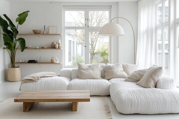Minimalist, modern japandi interiors in the living room with white walls and boucle sofas with wood shelves. Generative AI

