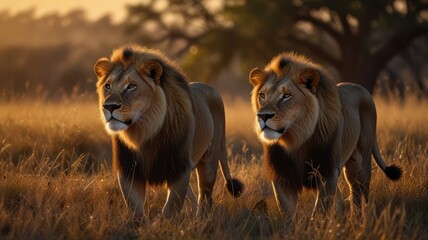 Naklejka premium Two majestic male lions walking through tall grass in the African savanna at sunset, with the sun casting a warm glow on their manes.