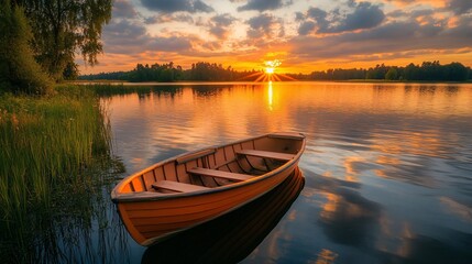 Fototapeta premium Serene Sunset Over a Calm Lake with a Boat