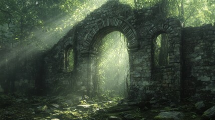 Sunbeams Filtering Through the Archway of a Moss-Covered Stone Ruin in a Lush Forest