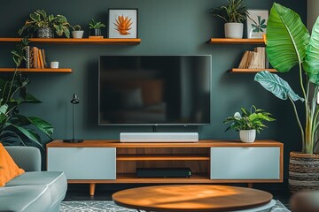 Modern Living Room with a Flat Screen TV, Wooden Shelves, and Green Plants