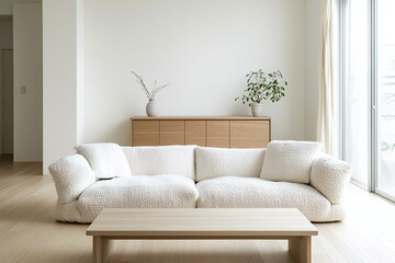 Naklejka premium Minimalist, modern japandi interiors in the living room with boucle sofas and wood cabinets finished in white. Generative AI 