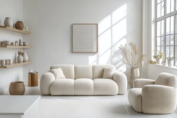 Minimalist, contemporary japandi interiors in the living room with white walls and boucle sofas and windows hanging with art frames. Generative AI
