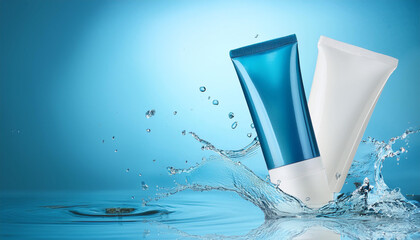 Tube of cosmetic products and splashing water on light blue background. Space for design