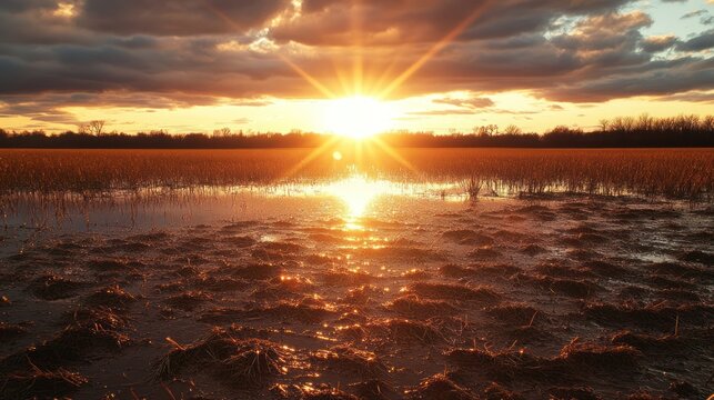 Field at sunset with reflective water - Capturing a field at sunset with reflective water surfaces, such as ponds or wetlands, 