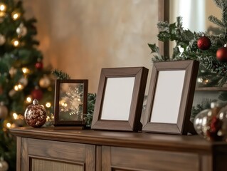 There are three photo frames on the cabinet in a living room with a Christmas atmosphere, a vertical rectangular photo frame, a square photo frame