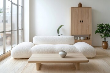 Fototapeta premium Minimalist, modern japandi interiors in the living room with boucle sofas and wood cabinets finished in white. Generative AI 