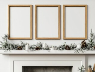 three iso ratio mock up frames on minimal christmas decorated fireplace shelf