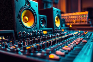 Close-up of a Music Mixer and Studio Speakers