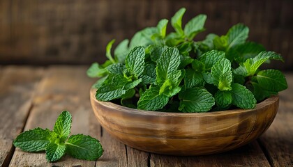 Rustic bowl of fresh mint leaves on wooden table, perfect for culinary advertisements