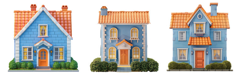 Fototapeta premium A playful, 3D-rendered blue house with an orange-tiled roof, designed in a cartoonish style. Perfect for home-themed illustrations or animations, isolated on a transparent background. PNG, File