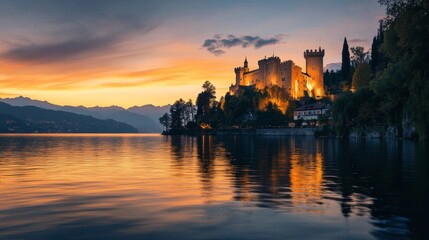 Naklejka premium Castle by the Lake at Sunset with Vibrant Colors and Reflections in Water