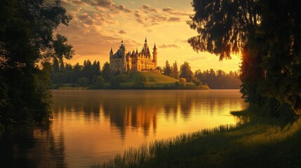 Obraz premium Breathtaking castle reflection at sunset across a peaceful lake surrounded by lush trees and beautiful nature scenery