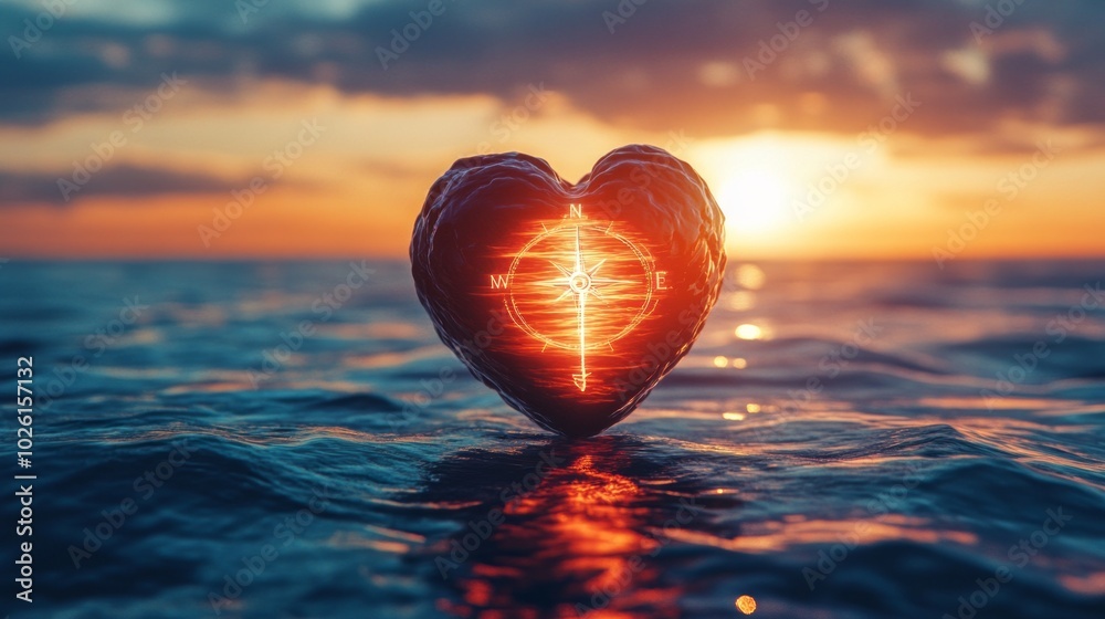 Poster A heart with a compass on it is floating in the ocean