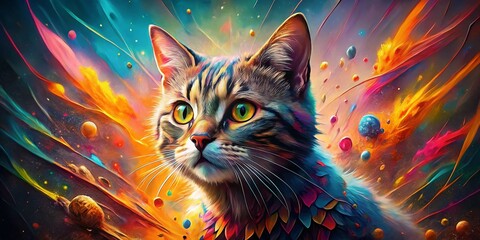 Surreal Cat Portrait with Exploding Body and Colorful Fragments for Unique Artwork