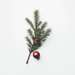 one single christmas tree branch on white background with a christmas decoration