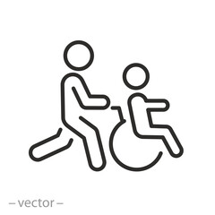 human with wheelchair for patient icon, transportation disabled persons, wheel chair, thin line vector illustration