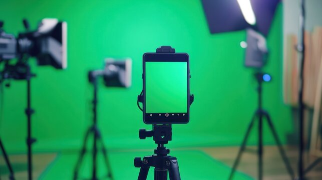 Green screen with mobile setup - Portable green screen setups designed for on-the-go use, perfect for content creators, vloggers, and reporters who need flexibility in different locations.