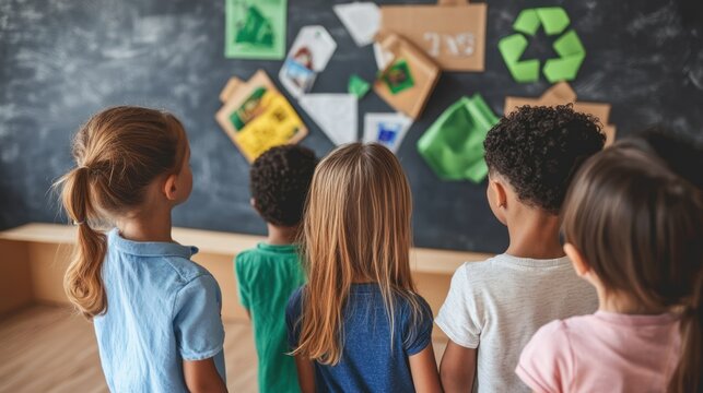 Group of children learning about recycling in a classroom with educational posters on the wall Close-up photo with clean background