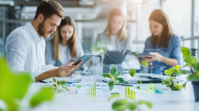 Group of sustainability specialists collaborating on a project, using digital tablets and charts to discuss renewable energy solutions in a bright, open workspace with natural light