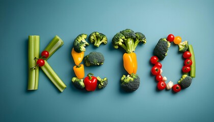 Vibrant vegetable keto lettering on blue background; health promotion, diet inspiration