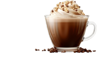 A mocha topped with whipped cream in a clear glass mug. The rich and creamy layers highlight indulgence and comfort, symbolizing a delightful coffee treat