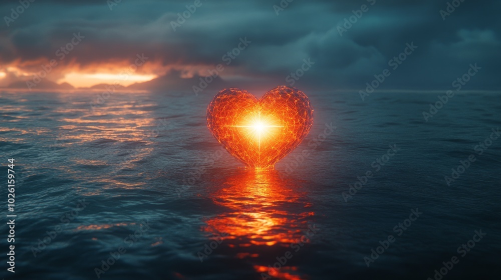 Aufkleber a heart is floating in the water with a bright light shining on it