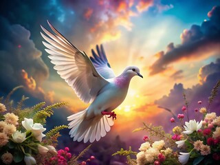 Surreal White-Winged Dove Taking Flight in a Dreamlike Landscape
