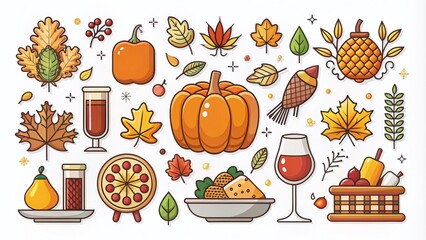 Thanksgiving Minimal Flat Line Icons for Holiday Celebration and Festivity
