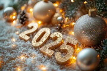 Christmas tree with silver ball and gold ball surrounded by snow covered ground