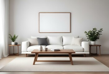 A modern, minimalist living room with a white sofa, wooden coffee table, and a blank wall with a frame.